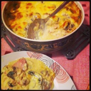 Chicken mushroom bacon halloumi and bechamel bake