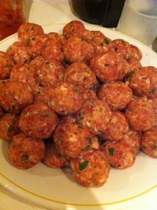 Large marble sized meatballs rolled and ready to go